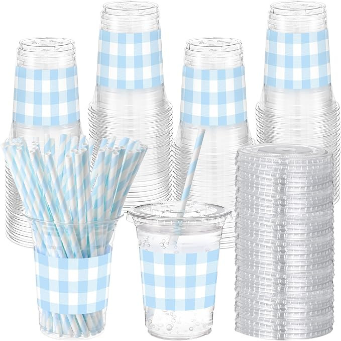 Sliner 50 Sets 16oz Light Blue White Gingham Party Plastic Cups | Blue Checkered Plaid Disposable... | Amazon (US)
