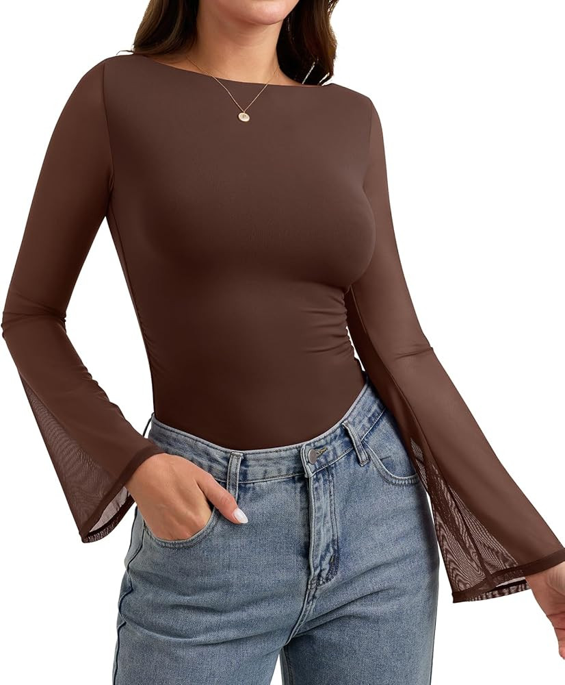 PINKMSTYLE Womens Sexy Sheer Mesh Bell Sleeve Tops Boat Neck Ruched Long Sleeve Shirt Going Out O... | Amazon (US)