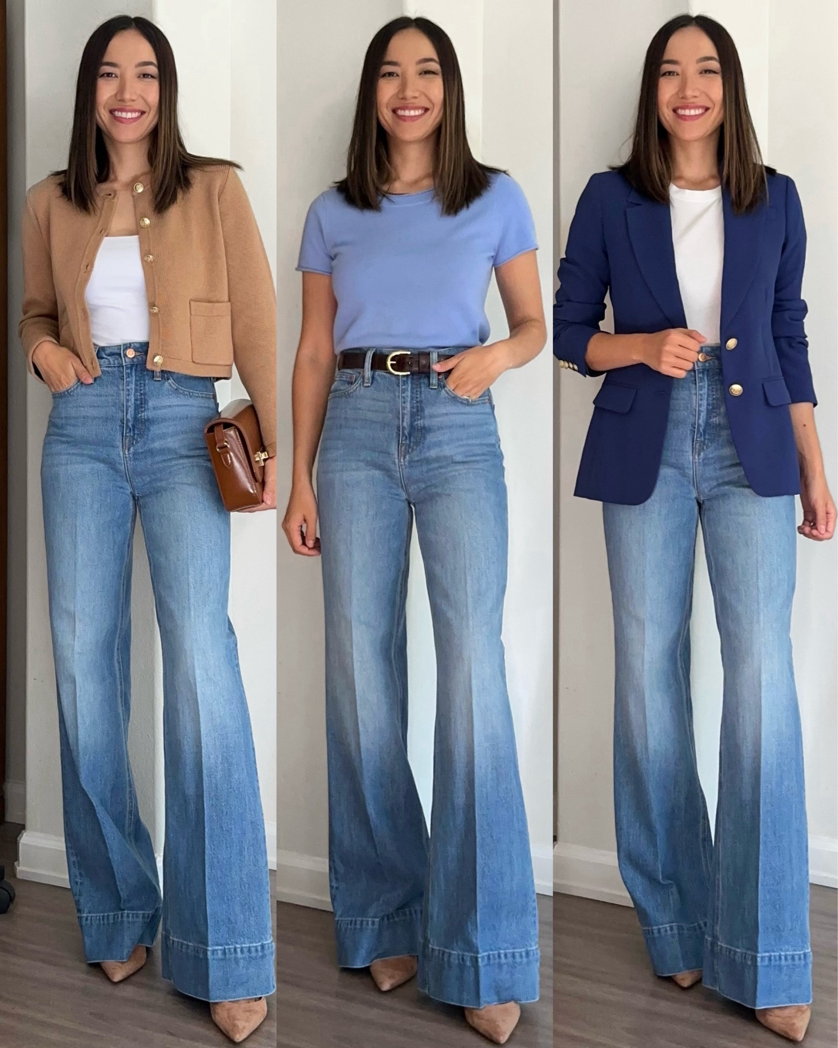 Wide leg / Flare denim trousers styled 3 ways 

•Jeans - 25 classic, petite would have been better for a shorter heel. I’m wearing the Chambray blue wash
•Sweater jacket xs
•Tops xs 