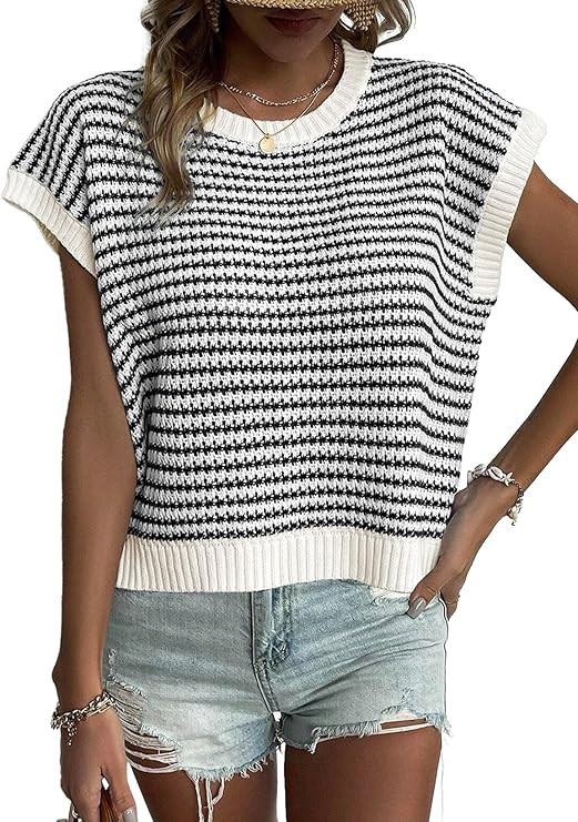EVALESS Women's Sweater Vest Striped Pullover Tank Top Round Neck Cap Sleeve Lightweight 2025 Sum... | Amazon (US)