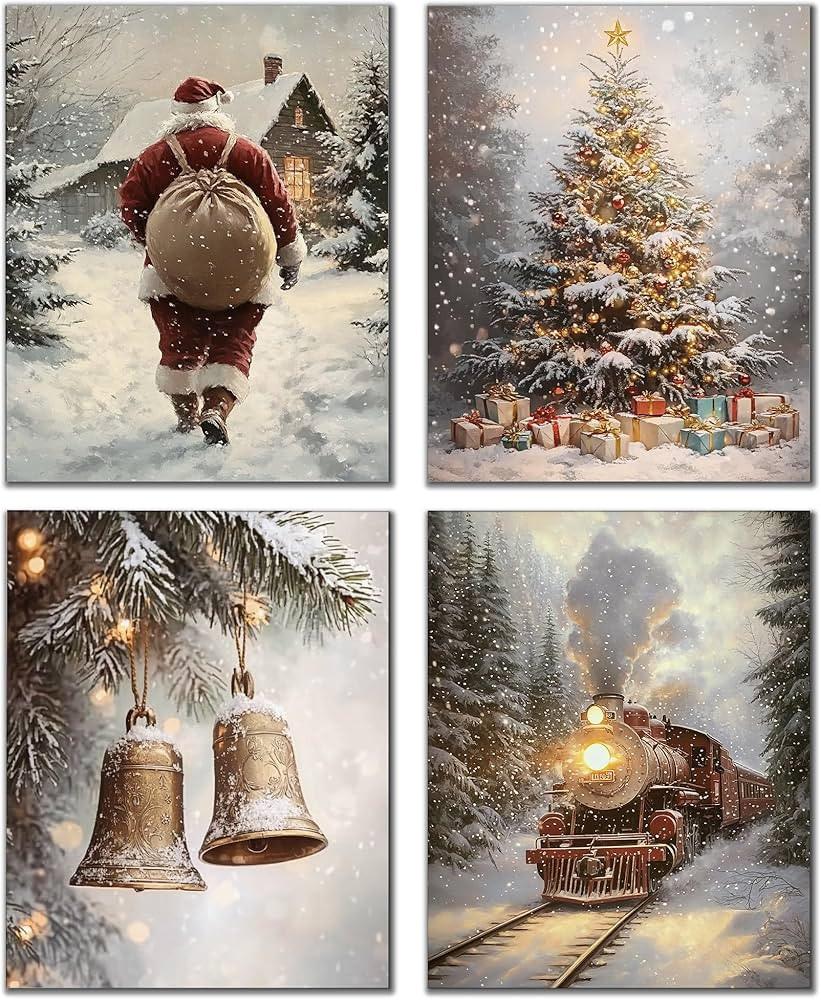 DOFQZ Winter Christmas Wall Art Prints Set of 4, Christmas Home Room Decor, Winter Snowy Xmas Tra... | Amazon (US)