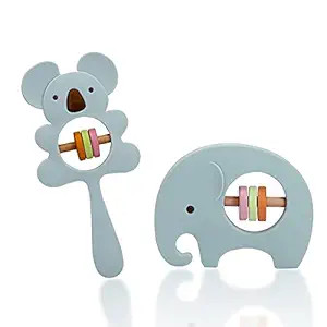 Silicone Baby Rattle Elephant Shape Teether Toy Set Grasping Teething Toy with Wooden Ring Montes... | Amazon (US)