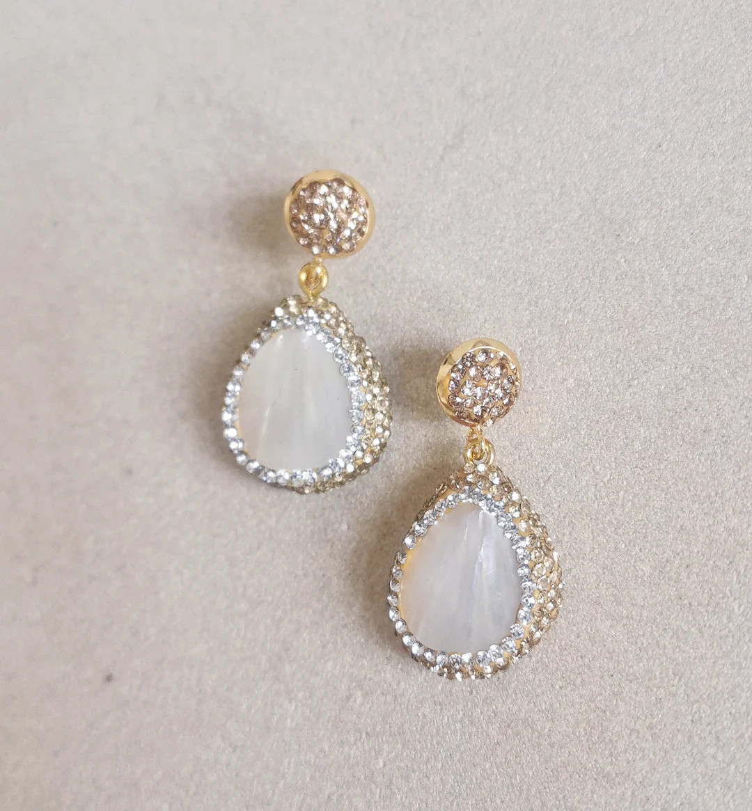 CALLAN Mother of Pearl Earrings, Crystal Earrings, Pear Drop Earrings, Bridal Earrings, Wedding J... | Etsy (US)