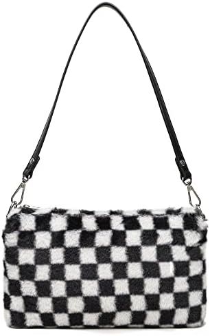 Fashion Soft Faux Fur Shoulder Bag Purse for Women Retro Checkered Fluffy Hobo Handbag Zipper Clo... | Amazon (US)