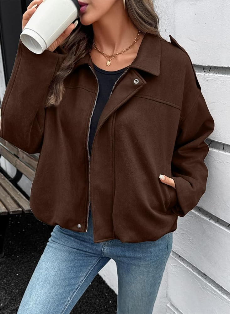 EVALESS Womens Faux Suede Bomber Jackets Long Sleeve Fall Coats Zip Up Cropped Jacket Trendy Wint... | Amazon (US)