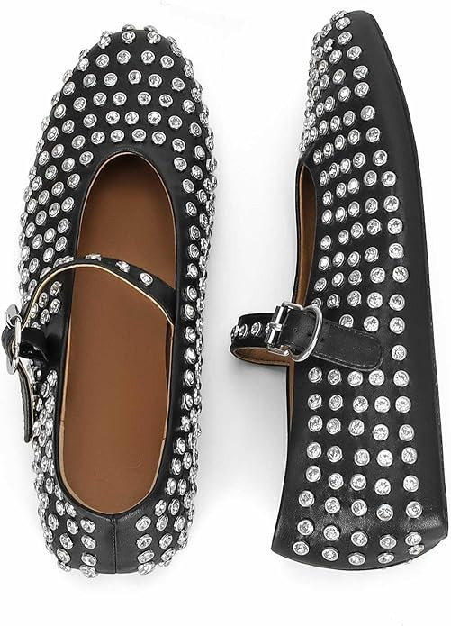 MICIFA Rhinestone Ballet Flats for Women, Crystals Ballerina Shoes Buckle Strap Mary Jane Flats R... | Amazon (US)