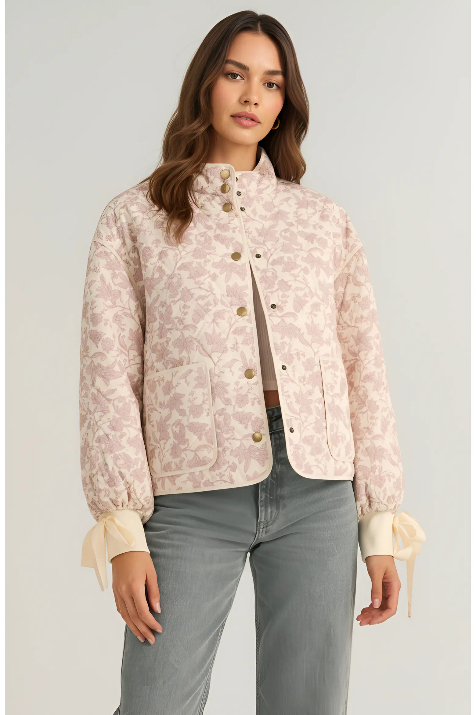 Modenaire Floral Quilted Jacket with Puff Sleeves and Satin Bow Cuffs (Women) | Nordstrom | Nordstrom
