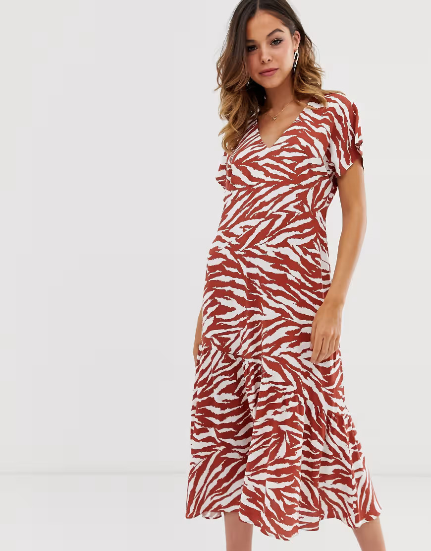 Warehouse midi dress in zebra print-Tan | ASOS (Global)