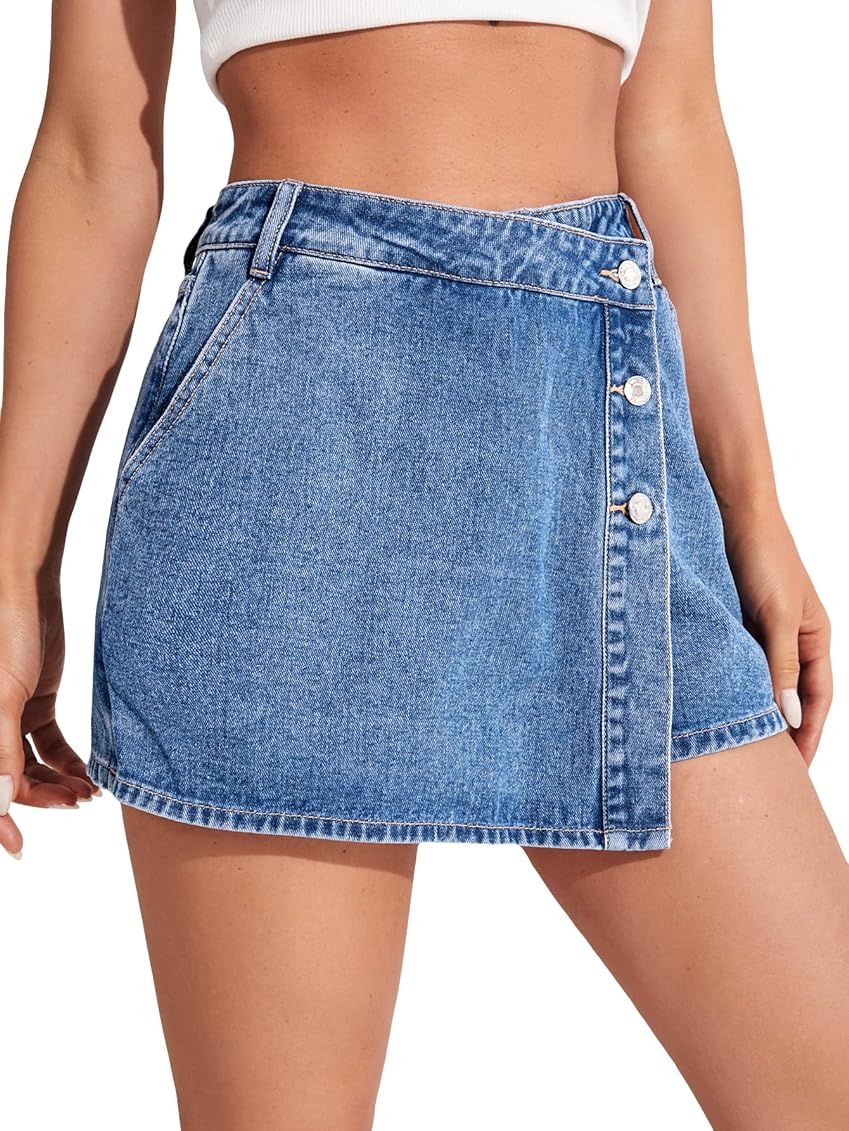 Floerns Women's Casual Wrap Button Front Asymmetrical Jean Denim Skort Skirt Shorts A Blue XL | A... | Amazon (US)