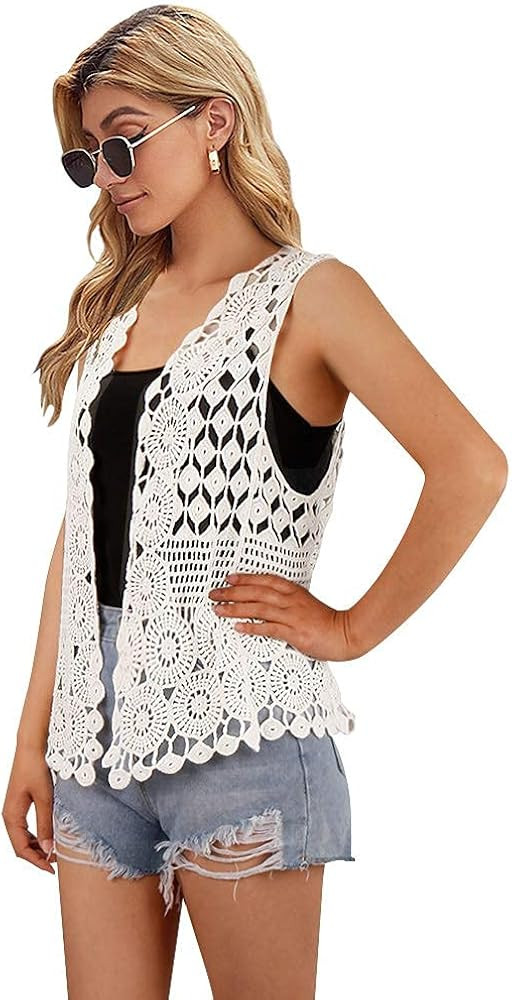 Womens Floral Crochet Lace Boho Trim Sleeveless Open Front Vest Cardigan | Amazon (US)