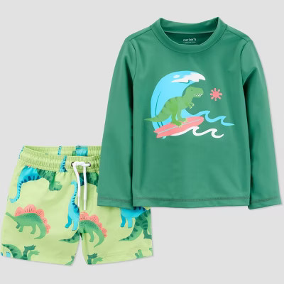 Carter's Just One You® Toddler Boys' Long Sleeve Dino 2PC Rash Guard & Swim Trunk Set - Green 3T | Target