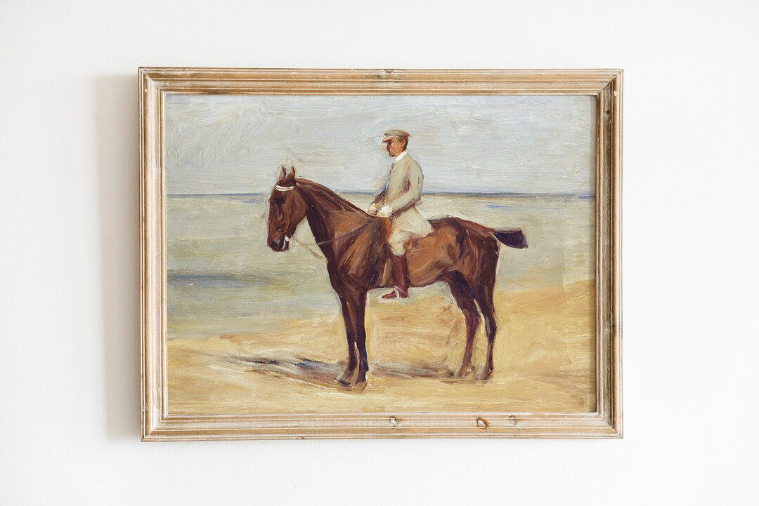 Vintage Chestnut Horse Oil Painting Antique Equestrian Downloadable Print Coastal Landscape Farmh... | Etsy (US)