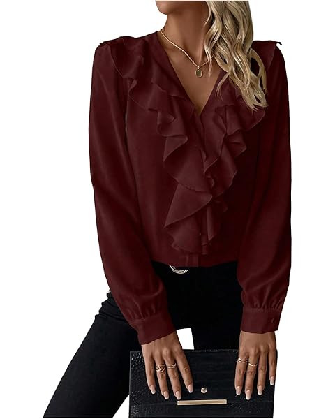 HangNiFang Ruffled Multi-Layered Summer Blouse for Women Trendy Semi See Through V-Neck Long Slee... | Amazon (US)