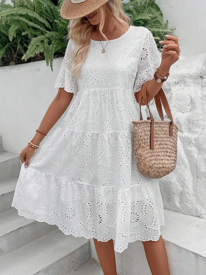 SHEIN VCAY Eyelet Embroidery Ruffle Hem Dress Without Belt | SHEIN