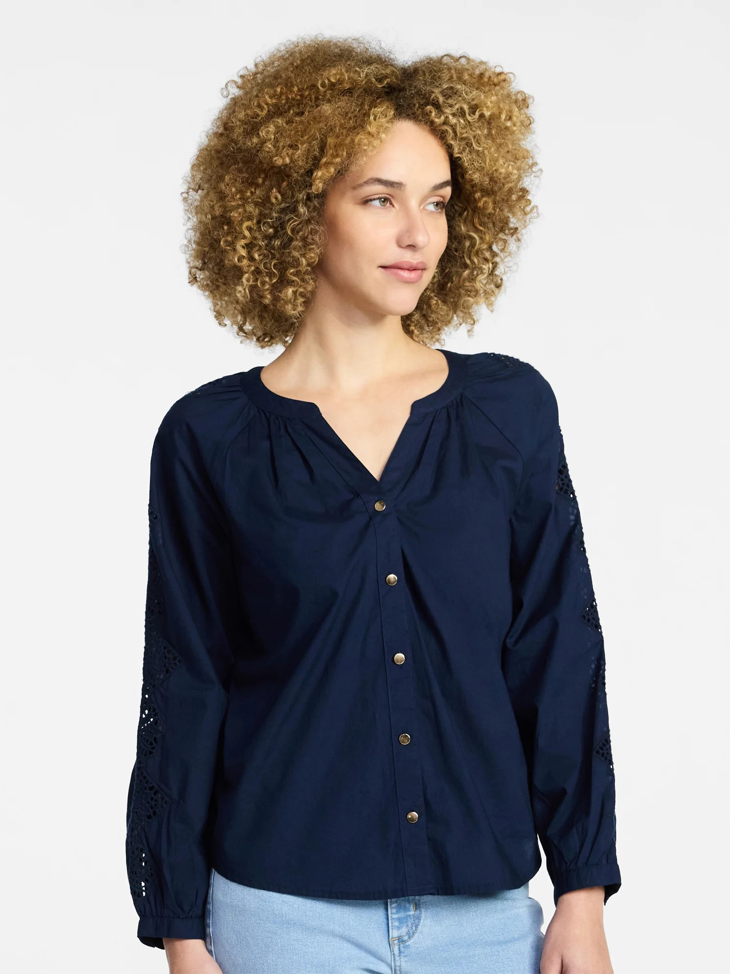 Time and Tru Women's Eyelet Blouse with Long Sleeves, Sizes XS-XXXL | Walmart (US)