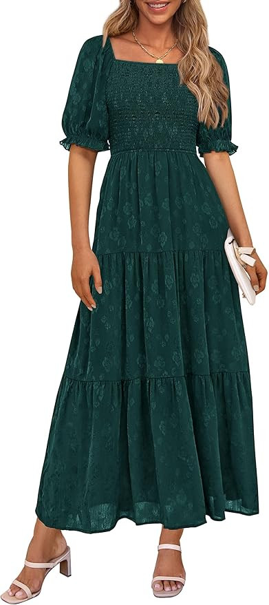 PRETTYGARDEN Women's 2025 Summer Casual Midi Dresses Square Neck Short Sleeve Smocked A Line Flor... | Amazon (US)