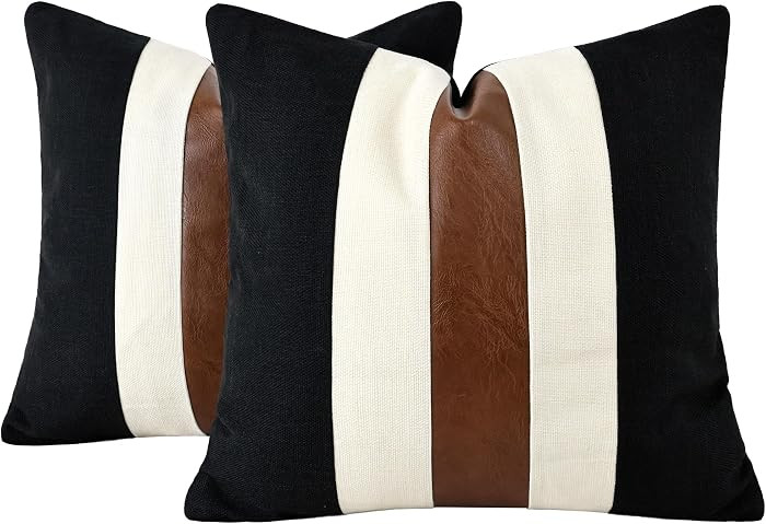 Set of 2 Faux Leather and Linen-Textured Throw Pillow Covers 18x18 Inch, Black and Cream Decorati... | Amazon (US)