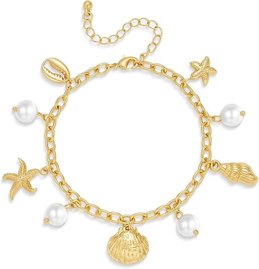 YUJIE Gold Charm Bracelet for Women 18K Gold Plated Link Bracelet With Cute Charms Boho Beach Jew... | Amazon (US)