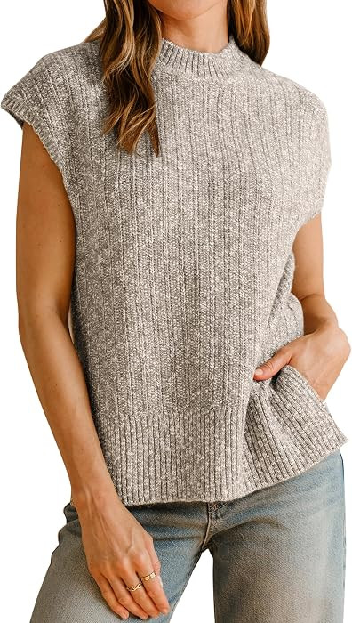 Arach&Cloz Women's Cotton Blend Cap Sleeve Side Slit Sweater Vest Fall Casual Tops 2025 | Amazon (US)