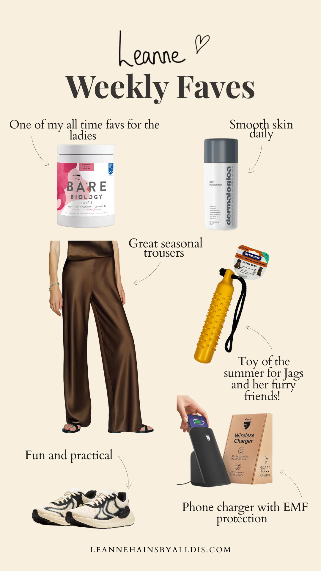 Weekly Faves! 

Dermalogica - smooth skin daily
Phone charger - phone charger with EMF protection  
Dog toy - toy of the summer for Jags and her furry friends
Bare biology - one of my all-time favs for the ladies 
Trainers - fun and practical! 
Trousers - great seasonal trousers 

 #LTKuk #LTKautumn #LTKeurope