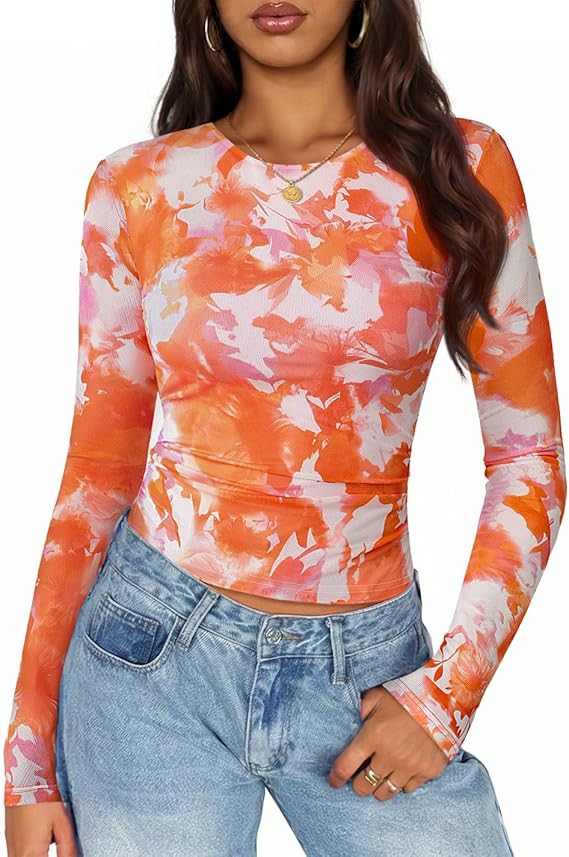 ZESICA Womens 2026 Spring Floral Mesh Going Out Tops Long Sleeve Crewneck Slim Fit Ruched Y2k Shi... | Amazon (US)
