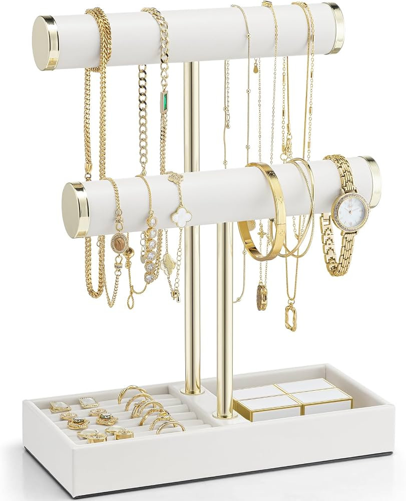 Vlando 2 Tier Bracelet Holder with Tray - Leather Jewelry Stand Organizer for Women - Christmas G... | Amazon (US)