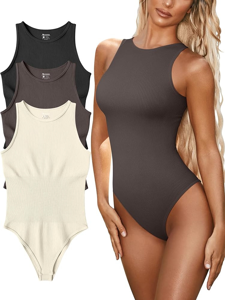 OQQ Women's 3 Piece Bodysuits Sexy Ribbed One Piece Sleeveless Halter Neck Bodysuits | Amazon (US)