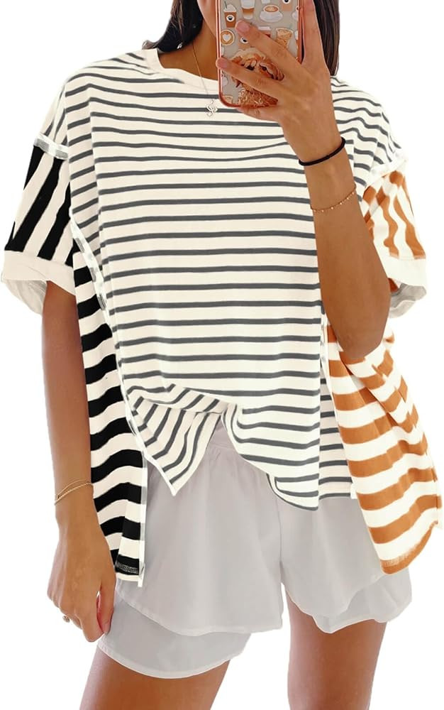 Tankaneo Womens Oversized Striped T-Shirts Color Block Short Sleeve Tee Tops Summer Casual High L... | Amazon (US)