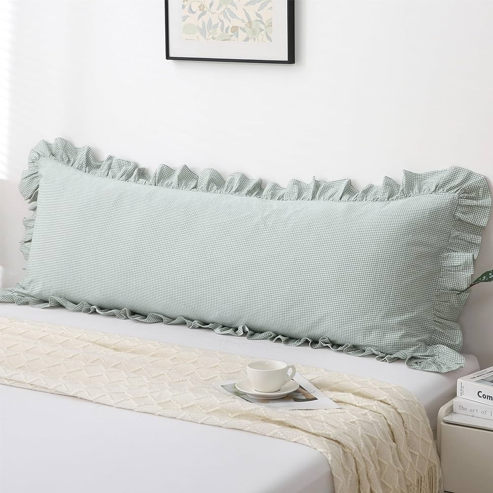 Vintage Gingham Ruffled Pillow Sham 20x54 Inches - Green/White Plaid Farmhouse Decor | 100% Washe... | Amazon (US)