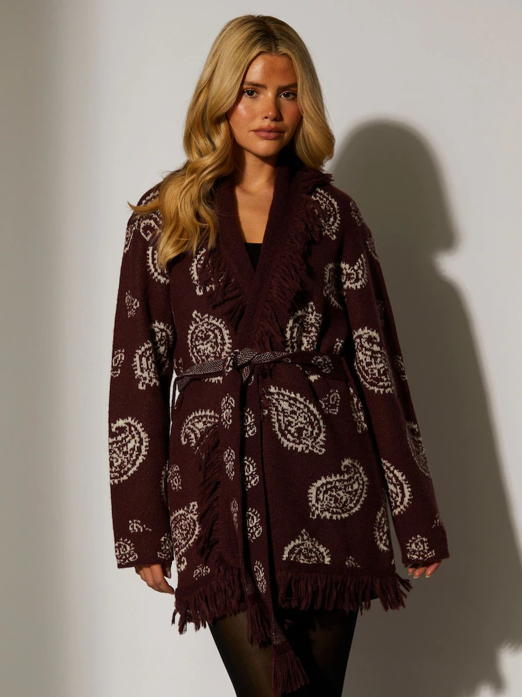 Buy South Beach Purple Jacquard Wasit Tie Knitted Fringe Cardigan from Next Ireland | Next EU