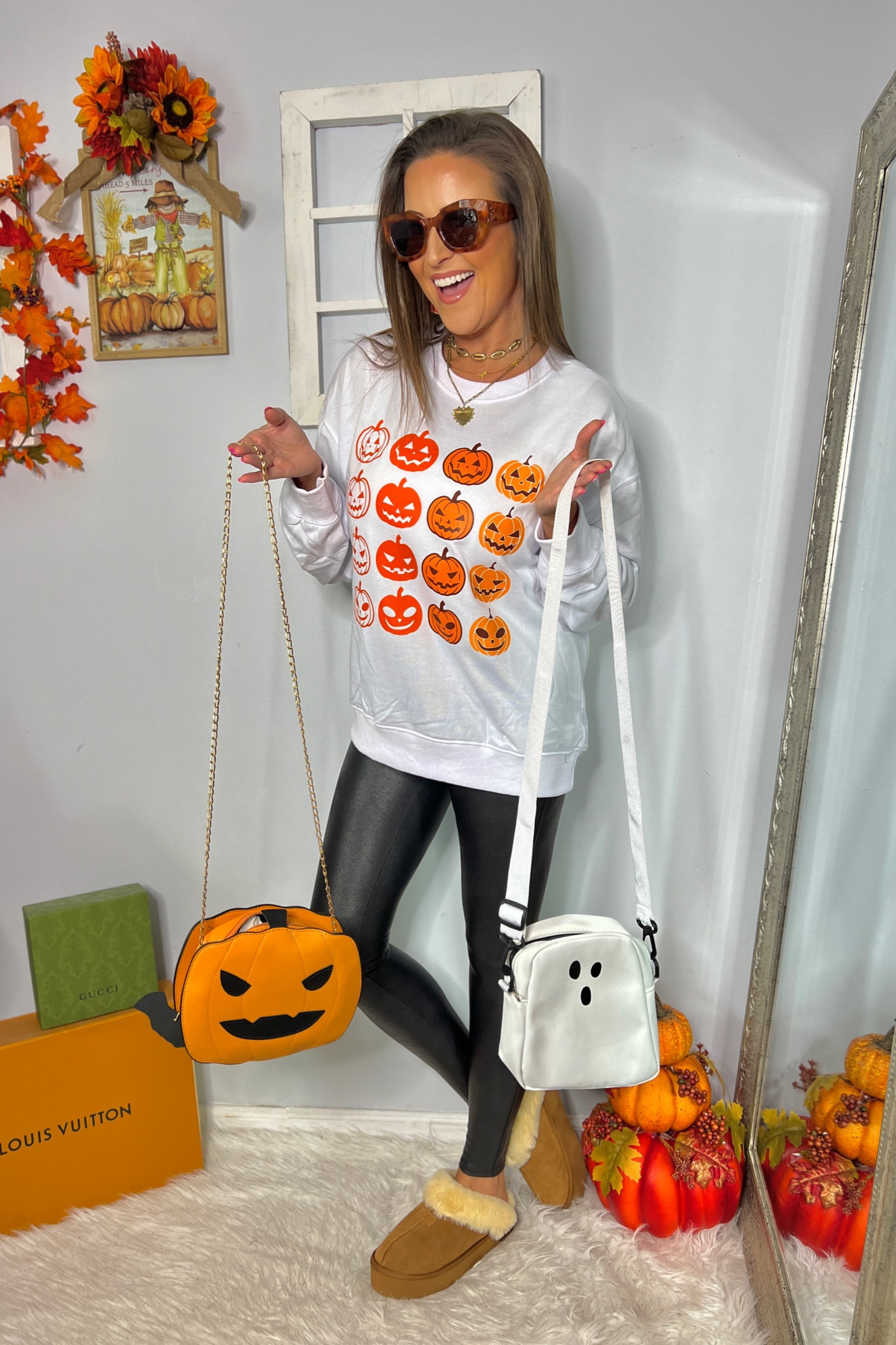 Sweatshirt: Medium
Tank Top: Small
Leggings: Petite Medium (petite best for 5’4” & under, if between sizes, size up, regardless of length - *petite sizes seem to run about 1 size small; wash inside out, no fabric softener, hang to dry, and they will last YEARS!)

🖤Discount Codes:🖤
⭐️Jacket (intro), Sweatshirt, Pumpkin Purse, & Pumpkin Earrings: LINZ25

⭐️Sunglasses (SOJOS pair): SJLINZ30A (enter at checkout on Amazon in the box for promo codes)

Halloween outfit, fall outfit, Halloween decor, Halloween accessories, ugg inspired clog slipper shoes, faux leather leggings 

#LTKHalloween #LTKstyletip #LTKSeasonal