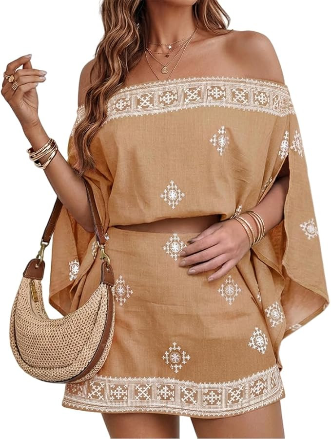 CHICME Women's 3 Piece Summer Outfits Off Shoulder Batwing Sleeve Tops with Bandeau and Skorts Se... | Amazon (US)