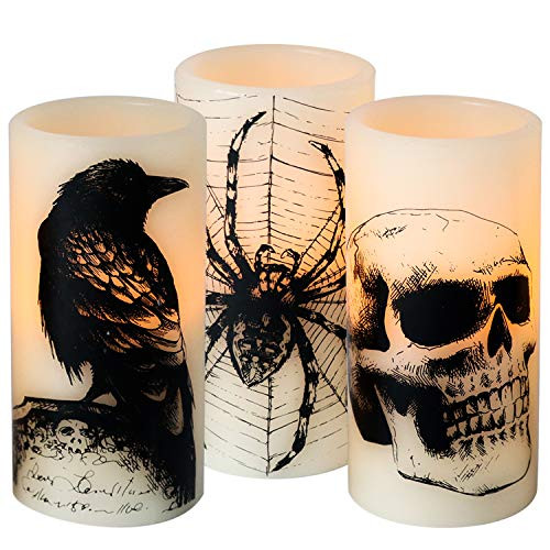 Lasumora Halloween Flameless Candles with 6H Timer, LED Pillar Candles mit Skull, Spider Web, Crow Raven Decals Set of 3, Battery Operated Real Wax Candles, Halloween Decor Horror Gothic Punk | Amazon (US)
