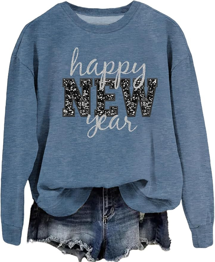 Happy New Year Sweatshirt for Women 2025 Christmas Party Shirts Holiday Funny Long Sleeve Crewnec... | Amazon (US)