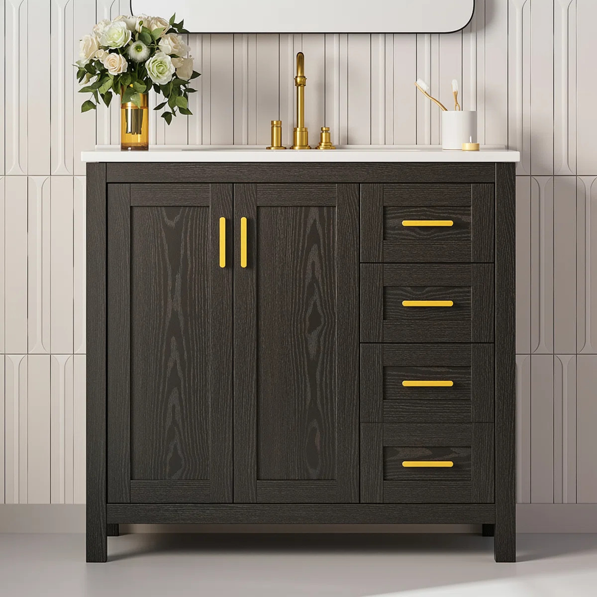 36" Bathroom Vanity With Ceramic Sink, Black Single Sink Vanity For Bathroom With Doors & Drawers... | Wayfair North America
