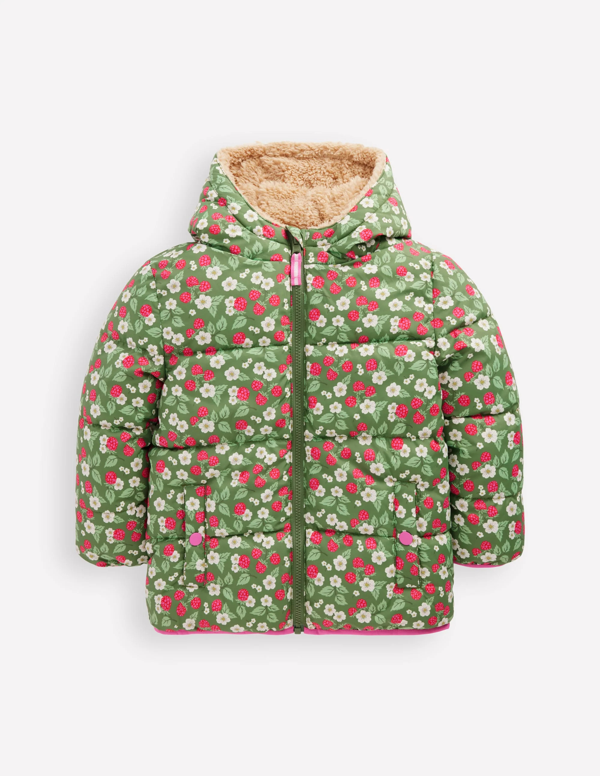 Reversible Padded Borg Coat-Safari Green Vintage Berry | Boden (US)