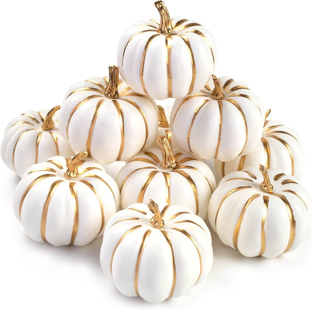 DomeStar 10PCS White Foam Pumpkins with Gold Lines, Artificial Pumpkins Harvest Pumpkins Fake Map... | Amazon (US)