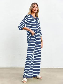 Tankaneo Womens Knit 2 Piece Lounge Sets Striped Short Sleeve Tops and Wide Leg Pants Travel Airp... | Amazon (US)