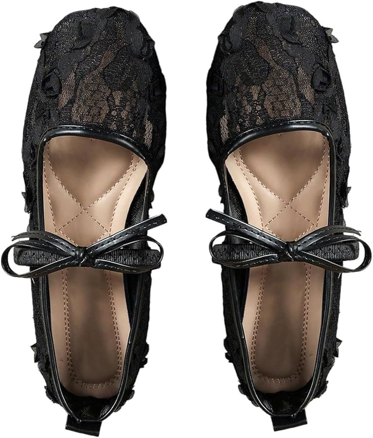 OYOANGLE Women's Floral Lace Mesh Ballet Flats Comfortable Dressy Square Closed Toe Bow Dress Sho... | Amazon (US)