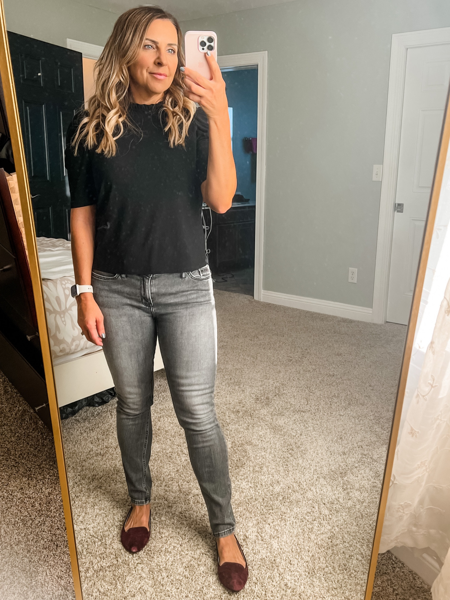 Casual work day with a nice pop of color in the shoes  