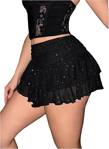 SOLY HUX Women's Sparkly Ruffle Mini Skirt Y2k Mesh Low Rise Layered Ruched Skirts Party Concert ... | Amazon (US)