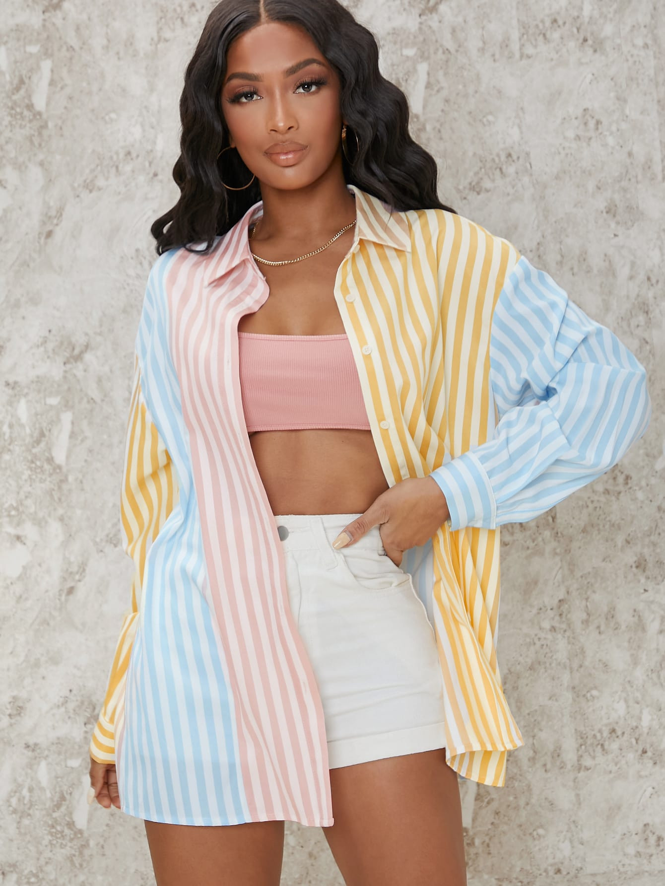 SHEIN Rainbow Striped Button-Front Shirt | SHEIN