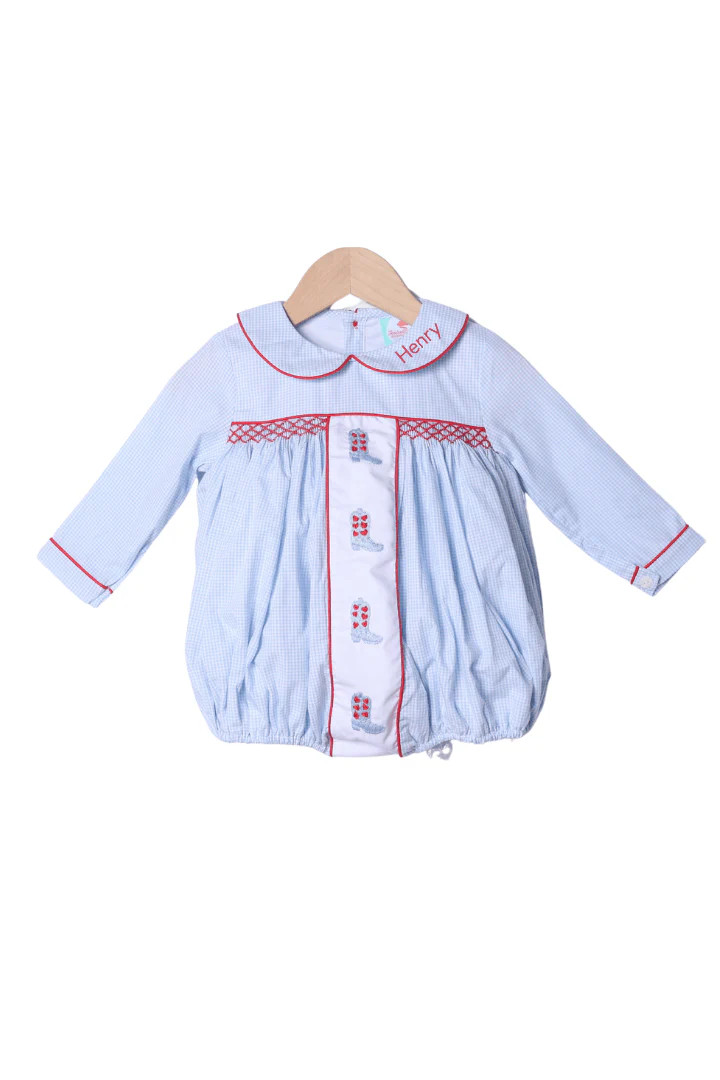 Smocked Valentine Boots Blue Gingham Bubble | The Smocked Flamingo