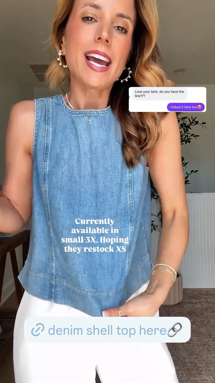 Currently available in small-3X. Hoping they restock XS. Spring outfit of the day. Mom outfit. Elevated casual. Summer outfit. Coastal outfit. Aritzia The Lodge crepette pant in color ‘light birch’, size XS regular. I ordered short to try but regular is full length on me. Denim shell tank top in XS. LISAMARIEXSPANX on first time orders at Spanx. Madewell buckle slide sandals are TTS. Pearl hoop earrings.

#LTKootd #LTKgrwm #LTKTravel