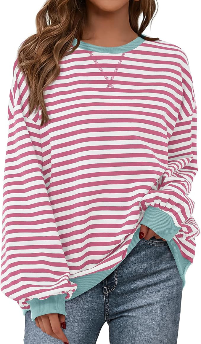 BTFBM Women's Striped Pullover Tops 2024 Fall Clothes Long Sleeve Shirts Trendy Soft Crew Neck Lo... | Amazon (US)