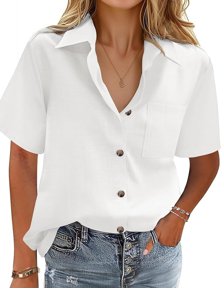 HOTOUCH Cotton Linen Button Down Shirt for Women V Neck Collared Blouse Casual Short Sleeve Tops ... | Amazon (US)