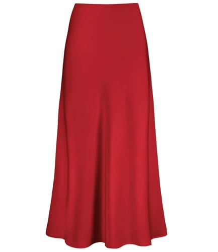Outoshe Women's Satin High Waisted Maxi Skirts Hidden Elasticized Waistband A Line Long Skirt Red | Amazon (US)