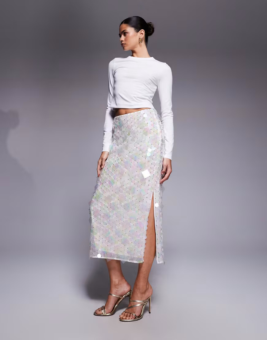 ASOS DESIGN embellished disc sequin midi skirt in white | ASOS (Global)