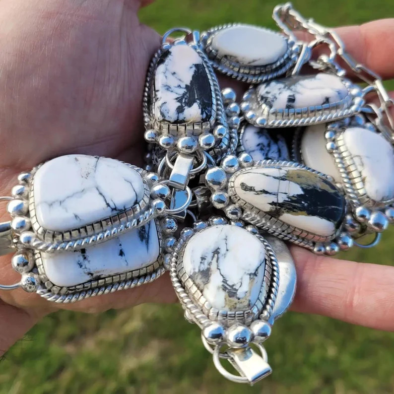 Large Handmade Sterling Silver Natural White Buffalo Lariat Necklace Dangle Earrings Ring Matchin... | Etsy (US)