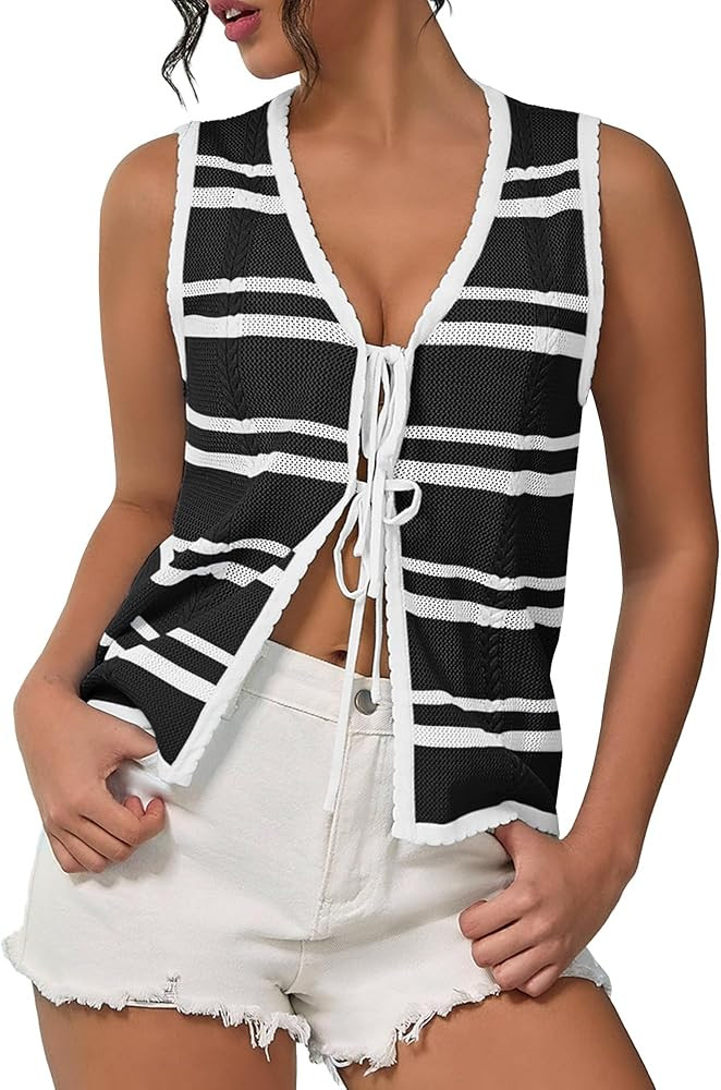 IEEILULU Women Sleeveless Knit Vest Striped V Neck Tie Front Sweater Vests Y2k Crochet Tank Tops ... | Amazon (US)